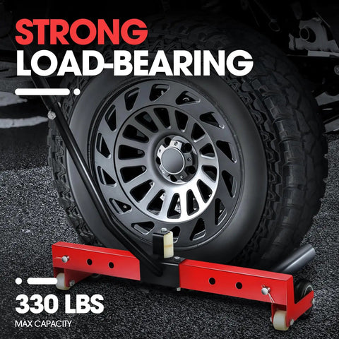 Heavy Duty Tire Wheel Dolly Adjustable Steel Roller Cart With Rock Solid 330 Lb Load Capacity supports a tire on a shop floor.
