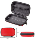 Small Red Rectangular Eva Case With Hella Tough Crush Proof Hard Shell And Smooth Zipper Mesh Pouch For Charger Cables Earbuds Memory Cards And Everyday Carry, open view with dimensions.