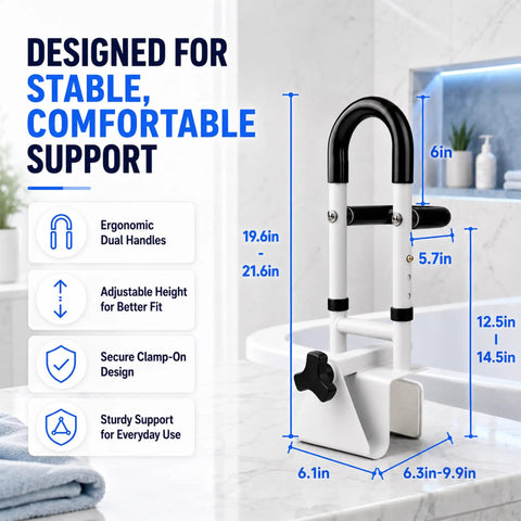 Heavy Duty Bathroom Safety Grab Rail For Seniors With No Fuss Snaps Right Onto 3.4 To 6.6 Inch Walls Rust Resistant Steel Bar dimensions shown.