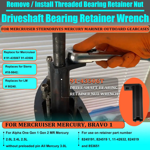Heavy Duty Marine Lower Unit Repair Kit Featuring Rock Solid Three Piece Bearing Carrier Puller And Drive Shaft Retainer Wrench Set For No Sweat Outboard Servicing with drive shaft bearing retainer wrench in use.