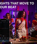 Group enjoying a party with Fancy LED Display Shelf With Dimmable Lights, Modern Floor Lamp Cabinet in background.