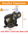 2 Inch Stem Ball Casters With Brake Set Of 4 Antique Brass Furniture Wheels Featuring M10 X 15mm Thread showing detailed dimensions and specifications.