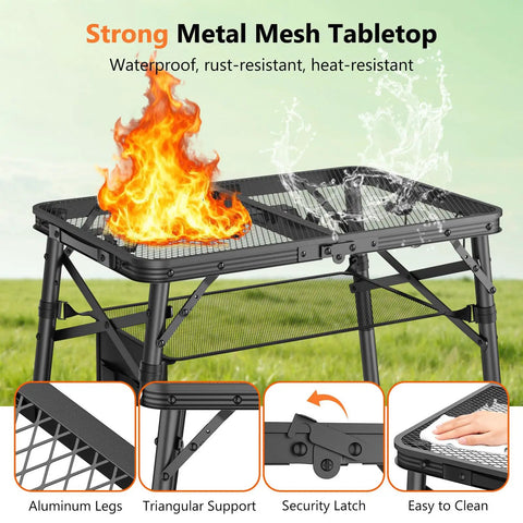 Portable Folding Grill Table With 3 Level Adjustable Height For Outdoors, mesh top with flame, aluminum legs, close-up view