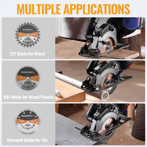 Tough As Nails Cordless Circular Saw Cuts Clean Like Butter On Wood And Tile powered with TCT, 60T, and diamond blades for various materials.