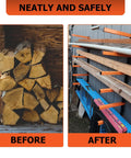 Heavy Duty Six Shelf Lumber Rack Wall Mount Wood Organizer Built Tough For Garage Storage Rock Solid Steel Construction showing before and after organization of lumber.
