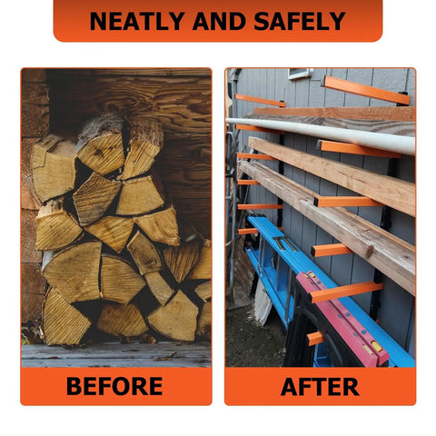 Heavy Duty Six Shelf Lumber Rack Wall Mount Wood Organizer Built Tough For Garage Storage Rock Solid Steel Construction showing before and after organization of lumber.