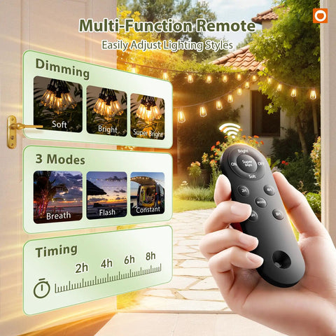 Person holding remote for 96 Ft Outdoor Solar String Lights With Remote And USB Port, dimming modes displayed