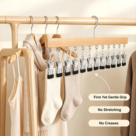 Slick Vertical Closet Organizer With Ten Heavy Duty Pant Clips For No Fuss Dorm And Apartment Storage, featuring secured clips and socks.