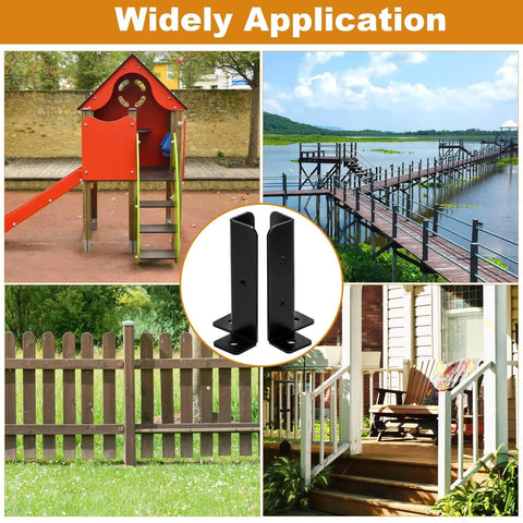 Collage showing 8 Pack Adjustable Deck Post Anchor Base Brackets Built Tough For 1.5x1.5, 2x2, 2x4, 4x4 Posts in fences and decks