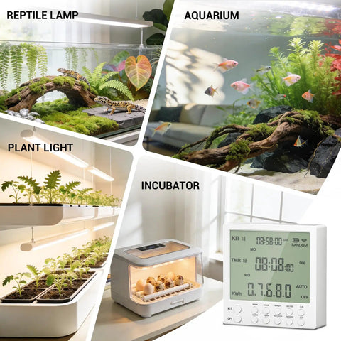 Smart Wireless Timer Outlet Expandable To 19 Plugs Plug And Play Scheduling live energy tracker with reptile lamp, aquarium, and incubator.