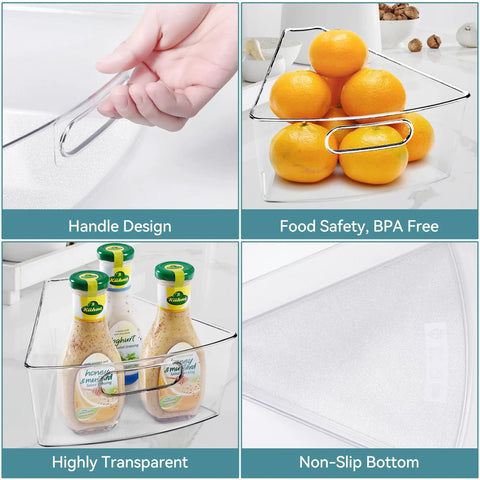 Smooth Spinning Lazy Susan Cabinet Organizer Bins For Kitchen 8 Pack wedge shape bin with handle, clear sides and non-slip bottom.
