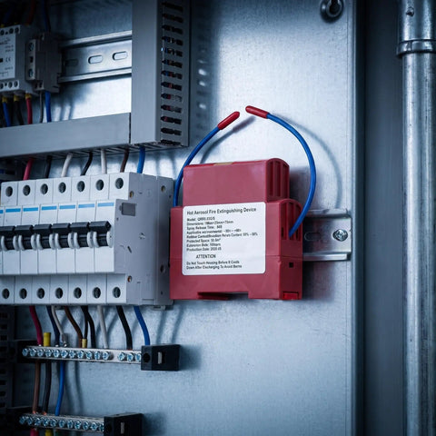 Hot Aerosol Fire Extinguishing Device mounted in a control panel, designed for automatic fire suppression.