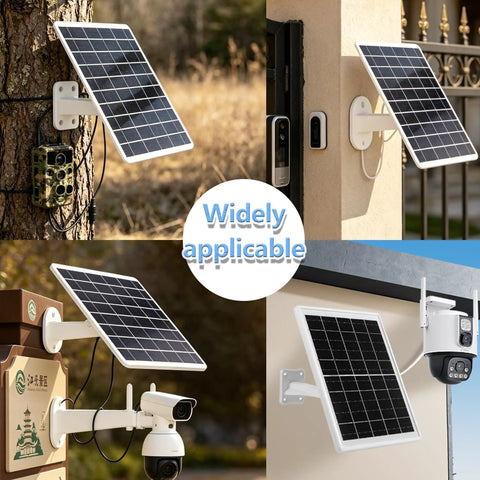 Hella Reliable 8W Solar Panel With 12000mAh Battery Backup For Wireless Security Cameras mounted on various outdoor surfaces.