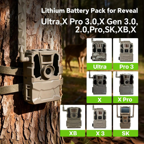 Straight Swap Premium Quality High Capacity Replacement Rechargeable Lithium Battery Pack With Four Port Independent Charger For Trail Cameras, mounted on a tree with deer in the background.