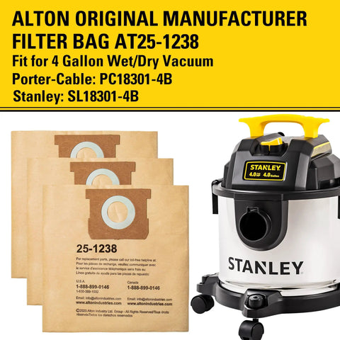 Three Pack AT25 1238 Dust Bags For 4 Gallon Wet Dry Vacuums OEM Grade Replacement Filter Bags Compatible With Porter Cable PCX18301 4B And Stanley SL18301 3B Heavy Duty Premium Paper Construction shown with vacuum