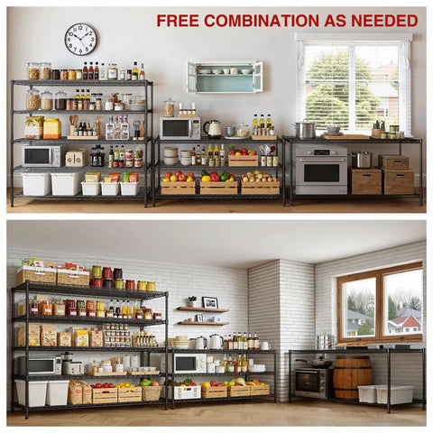 Badass Heavy Duty Five Tier Wire Shelving With Smooth Rollin Caster Wheels And Adjustable Steel Storage Rack For Garages Workshops And Commercial Spaces Providing Top Shelf Organization in a kitchen setup.