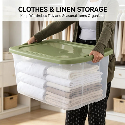 120 Qt Big Boy Storage Bin, Clear Plastic Tote With Green Lid, stacked towels being held for organization in closet.