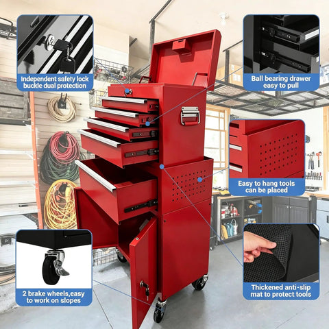 Heavy Duty Rolling Tool Chest With Five Spacious Drawers And Lockable Bottom Cabinet Detachable Mobile Workbench For Garage Storage featuring five drawers and safety lock.