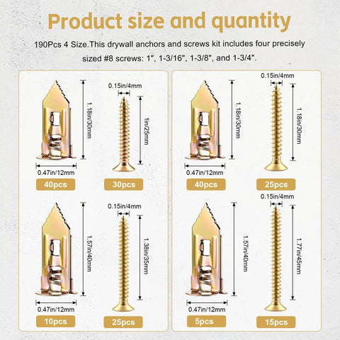 Heavy Hauling Self Drilling Drywall Anchors With Screws Kit For Wall Sheetrock Mounting Picture Frames Shelves And Home Decor Assorted Fixtures Built Tough No Sweat Setup showing product sizes and quantities of anchors and screws.