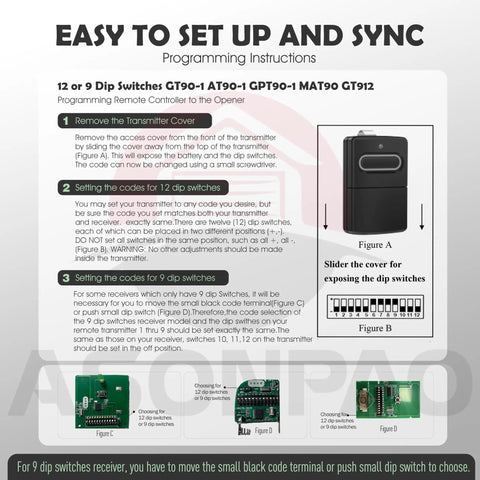 Instruction manual for Two Pack Dip Switch Garage Door Opener Remote Replacement for 9 and 12 Dip Switch Models From 1982 to 1996