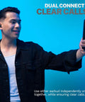 Person using Totally Wireless Earbuds Featuring Instant Plug And Play Pairing Slick Bass Boost Audio And Compact USB Case Bluetooth Five Point Three Black Edition for clear calls.