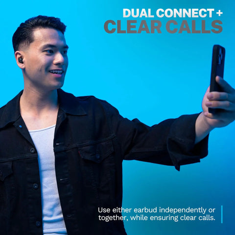 Person using Totally Wireless Earbuds Featuring Instant Plug And Play Pairing Slick Bass Boost Audio And Compact USB Case Bluetooth Five Point Three Black Edition for clear calls.