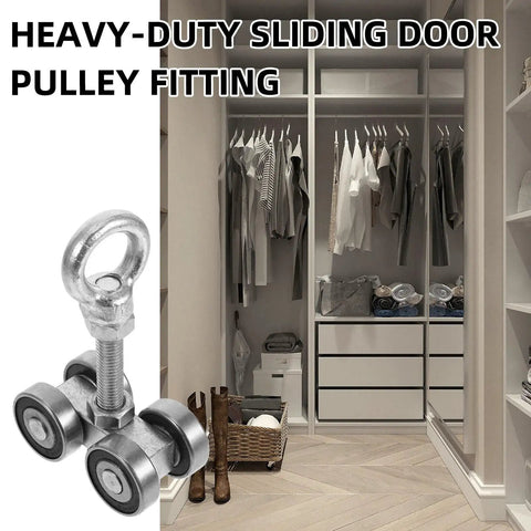 Top Shelf Heavy Duty Sliding Gate Trolley Wheel With Detachable Steel Roller Assembly For Rock Solid Barn Door Hardware and Smooth Glide Operation That Is Super Easy To Install And Built Tough mounted on a closet.