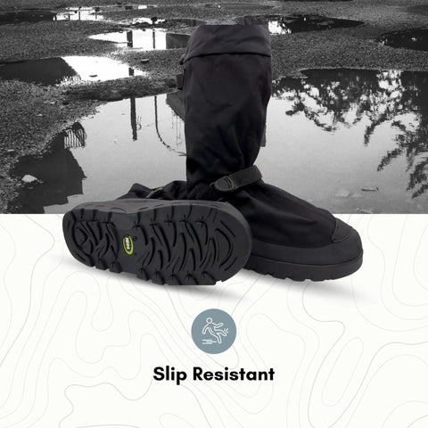 Straight Up Waterproof All Season Overshoes For Gnarly Conditions wide gusset opening and slip-resistant sole on wet surface.