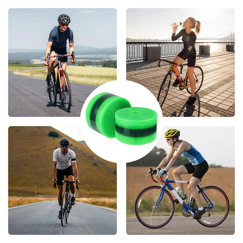 Collage of cyclists on road bikes with 2 Pack Road Bike Tire Liners 1mm Thick Anti Puncture Protectors 12 to 700C Wheels, green liners.