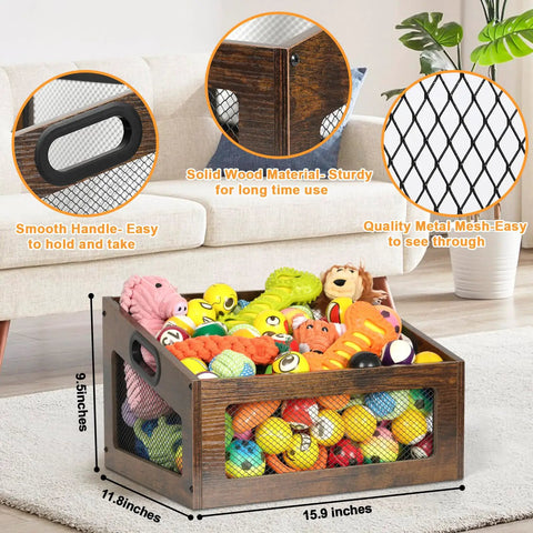 Wooden Dog Toy Basket With Slanted Front For Easy Reach Doggo Friendly Durable Toy Box And Bin For Dogs And Cats Large Storage