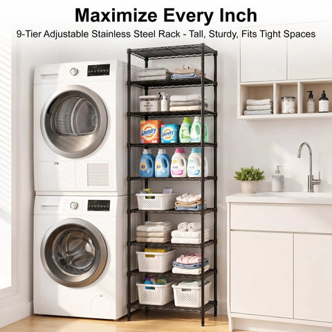 Level Up Your Home Organization Game With This Adjustable 9 Tier Steel Wire Shelving Rack, 81 Inch Tall Heavy Duty Extra Large Capacity Storage Unit, Black in a laundry room setting.
