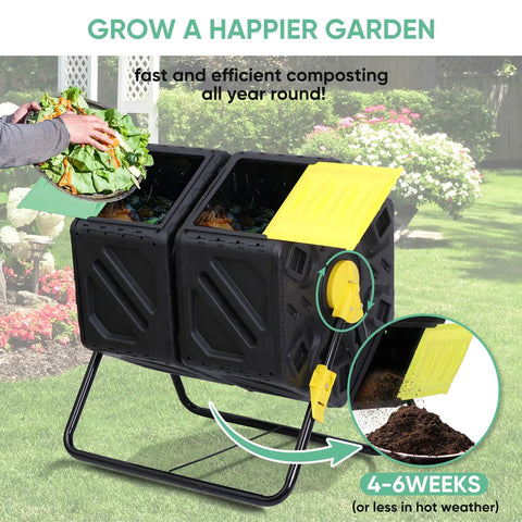 37 Gallon Dual Chamber Tumbling Composter With Two Sliding Doors for Easy Turn in garden setting