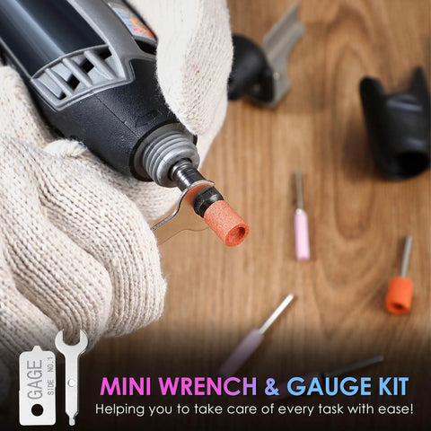 Close-up of a 13 Piece Chainsaw Sharpening Kit With Dremel A67902 Attachments For Chainsaws Mowers And DIY Projects This All In One Sharpening Set in use, showing a grinding stone attached to a tool.