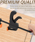 5 Pack 4 Inch One Handed Bar Clamps For Woodworking Quick Change F Clamp Set For Gluing Drilling Sawing And Securing Carpentry And DIY Projects With Soft Jaw Pads To Protect Wood Surfaces, black clamp on wood
