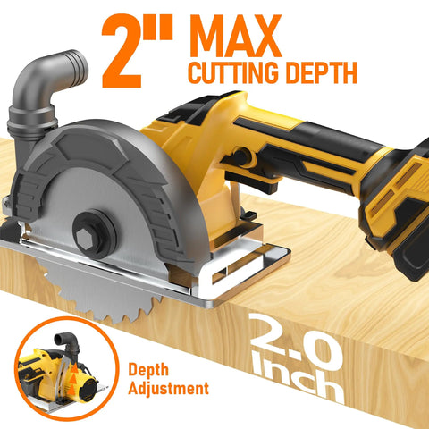 Image of 6 Inch Brushless Cordless Circular Saw Compatible With DeWalt 20V Max Battery showing 2" max cutting depth and depth adjustment feature.