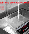 Waterproof Digital Kitchen Scale With Large Stainless Steel Pan, 66 Lb Capacity, shown being washed in a sink.
