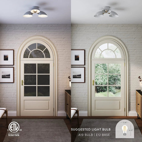 Jace Flush Mount Ceiling Light With Vintage Gold Brass Frame And Linen Shade For Hallways, Kitchens And Bedrooms installed near arched door.