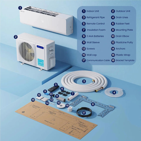 Hella Efficient 35000 BTU 3 Zone Ductless Mini Split Air Conditioner And Heat Pump System With 19 SEER2 DC Inverter Tech installation components laid out.
