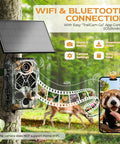 4K 64MP Solar Trail Camera With Massive 10000mAh Battery And Instant WiFi Bluetooth Hunting Cam showing remote app control features.