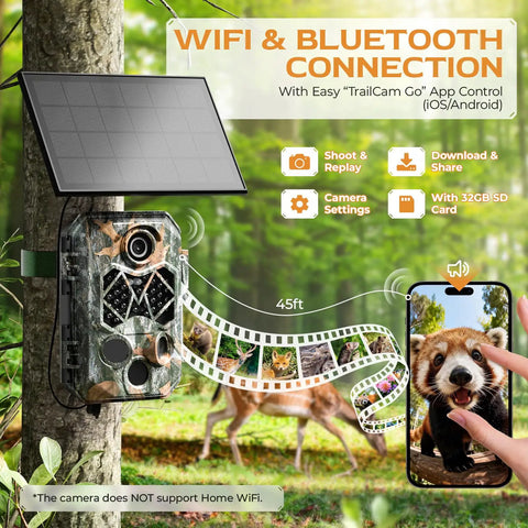 4K 64MP Solar Trail Camera With Massive 10000mAh Battery And Instant WiFi Bluetooth Hunting Cam showing remote app control features.