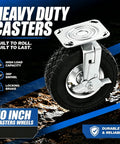 10 Inch Heavy Duty Pneumatic Caster Wheels With Secure Brake Set Of Four Featuring Two Swivel And Two Rigid Units on rugged surface