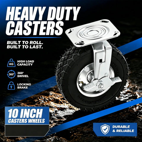 10 Inch Heavy Duty Pneumatic Caster Wheels With Secure Brake Set Of Four Featuring Two Swivel And Two Rigid Units on rugged surface