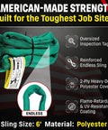 Kickass Heavy Duty Endless Round Polyester Rigging Sling Six Foot Green Double Ply Cover Built Tough For Industrial Lifting Rigging And Heavy Material Handling Rated To Five Thousand Three Lbs Vertical, showcasing sling with inspection tag.