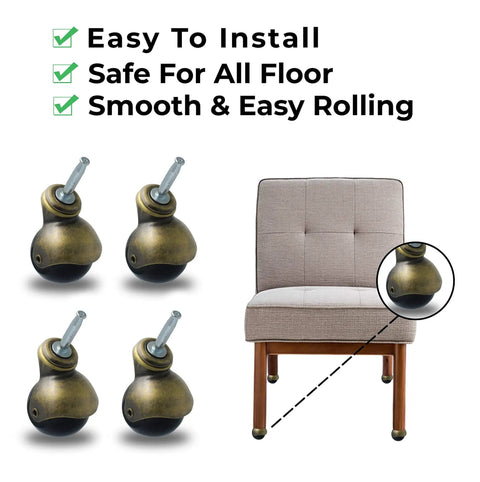 Four Pack Two Inch Antique Gold Ball Casters With Wood Stem Socket For Heavy Duty Sofa Table And Chair Furniture Swap Out Smooth Rolling Gliders Upgrade Hardware Kit with chair