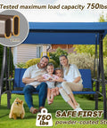 Family sitting on three seat patio swing with Textilene backrest, blue square tube frame, in a garden setting with canopy.