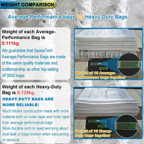 Comparison of average-performance vs heavy-duty vacuum bags demonstrating weight and thickness, highlighting durability and reliability.