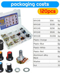 Roller Linear Potentiometer Kit With 120 Pcs Including WH148 B5K 10K 20K 50K 100K Ohm Variants And Five Knob Repair Kits
