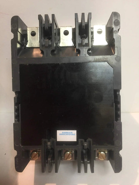 Pro Grade Heavy Duty Three Pole Panel Mount Type FD Molded Case Circuit Breaker with metal terminals and black housing.