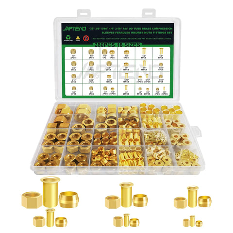 Brass Compression Sleeve Ferrule Kit 280Pcs with assorted sizes and fittings in a plastic case for pipe repair and installation.