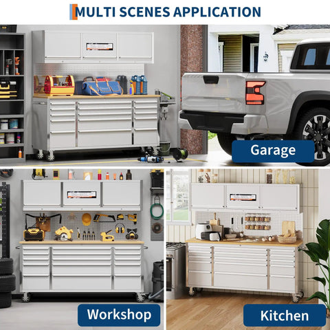 72-Inch Rolling Tool Chest With 15 Drawers, Solid Rubber Wood Workbench Top, Locking Wheels And Key Lock in garage, workshop, and kitchen settings